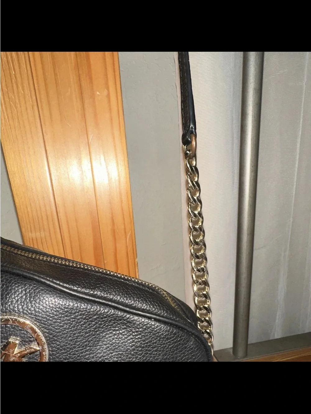 Michael Kors Black Leather Crossbody with Gold MK Emblem